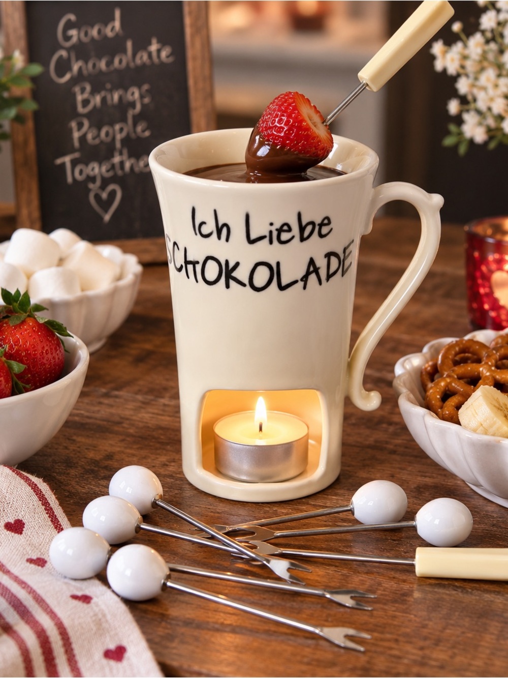 Nana Ivory Ceramic Chocolate Fondue Mug with Tea Light Warmer German Expression
